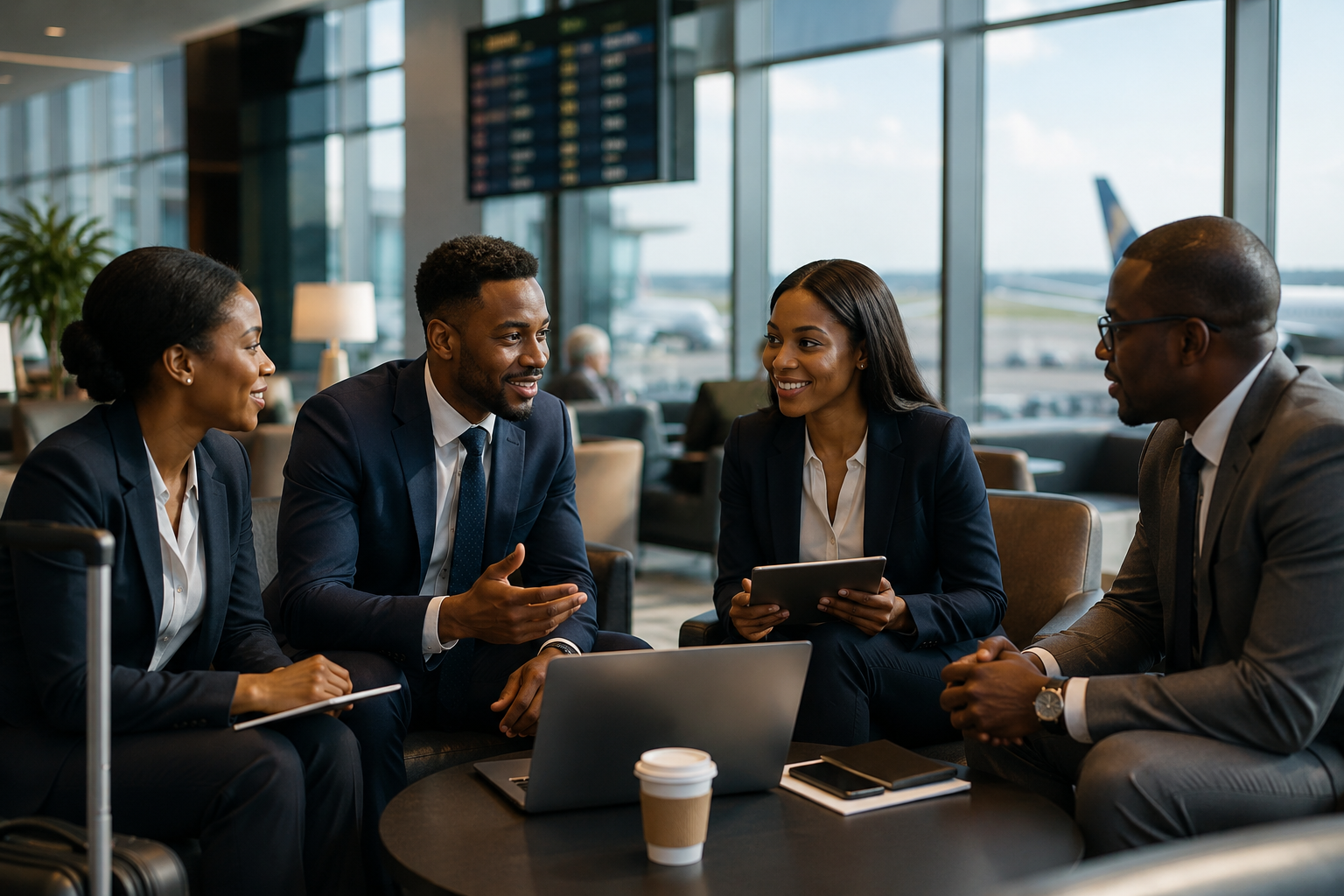 Business travellers meeting in an airport lounge