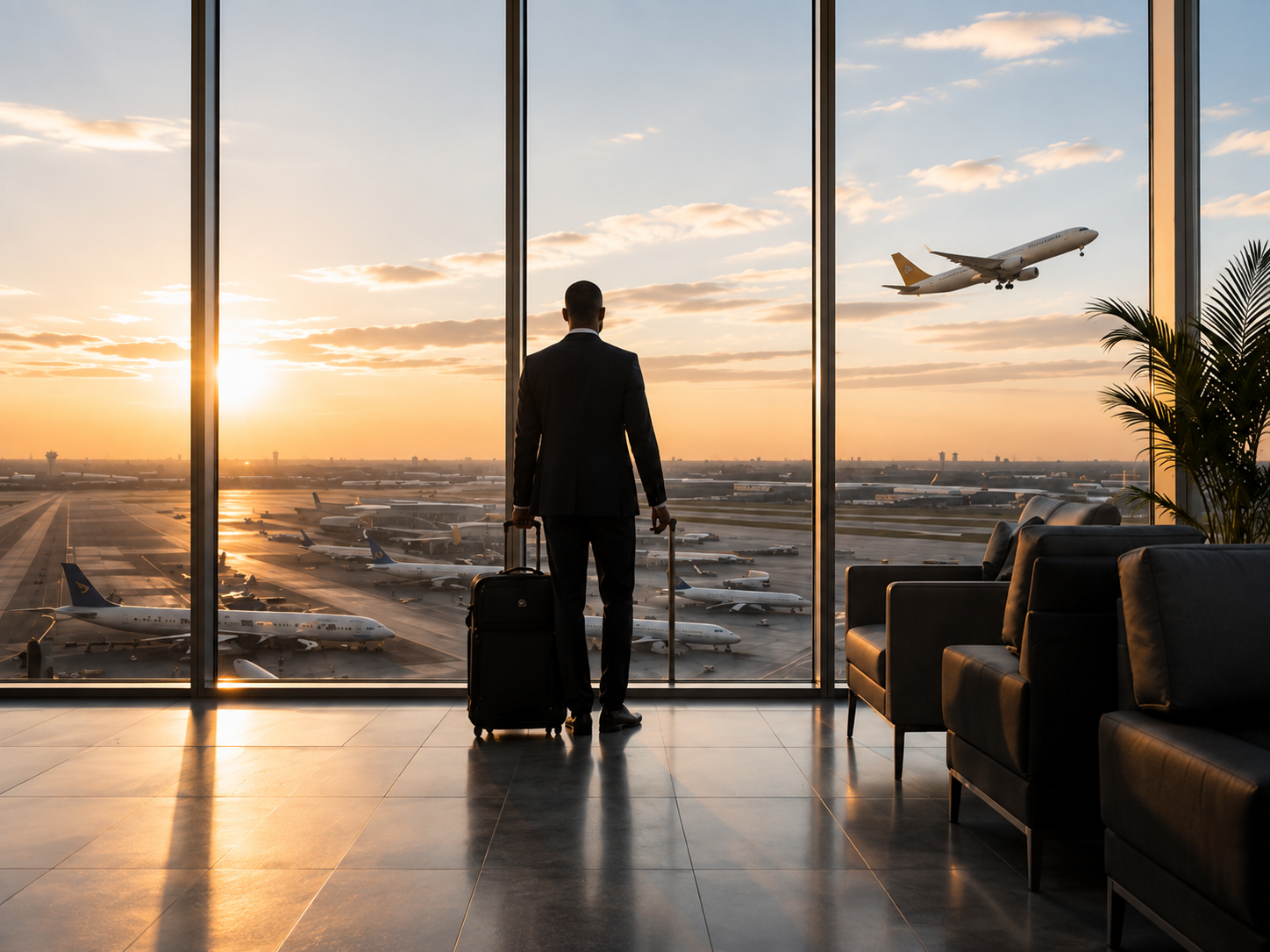 Traveller in an airport lounge at golden hour